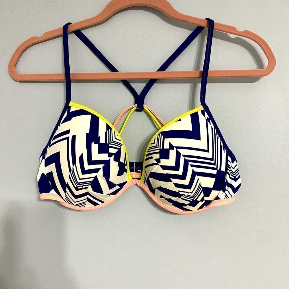 Victoria's Secret Navy Blue, White & Neon Yellow Geometric Bikini Top